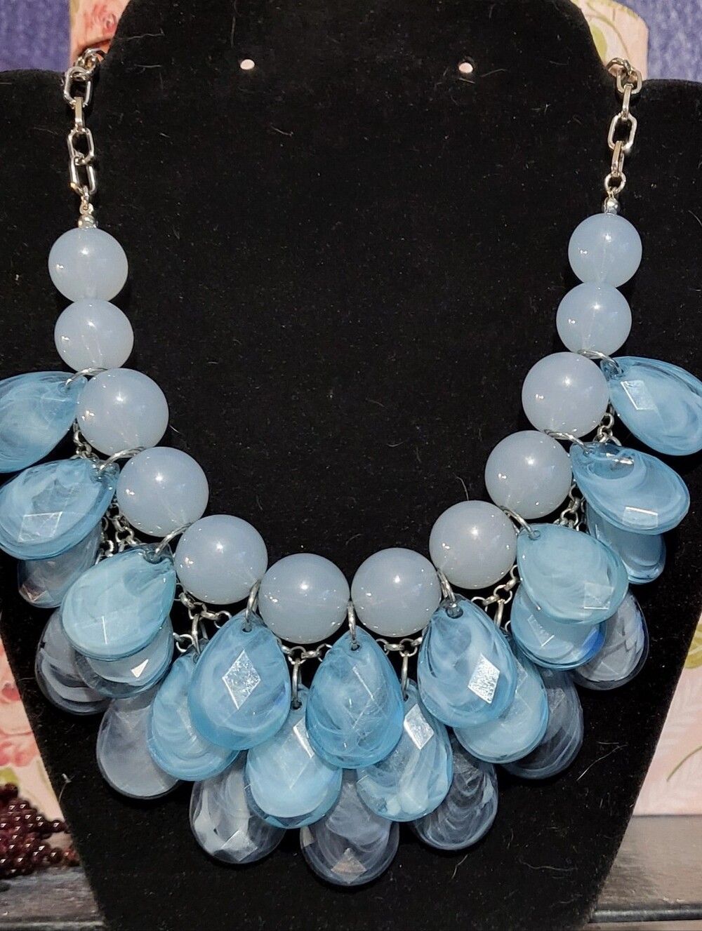 Beautiful 26" Statement Blue Teardrop Bib Necklace